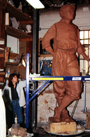 Susan Luery working on her statue of Babe Ruth, today located at Batlimore's Camden Yards Stadium.