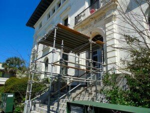 Scaffolding surrounds 4th Street entrance.