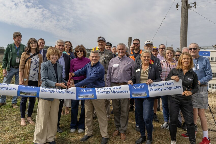 U.S. Sen. Tina Smith and state Rep. Pam Altendorf joined Dakota County leaders to celebrate the completion of energy upgrades at the county's Byllesby Dam on Oct. 3, 2024.