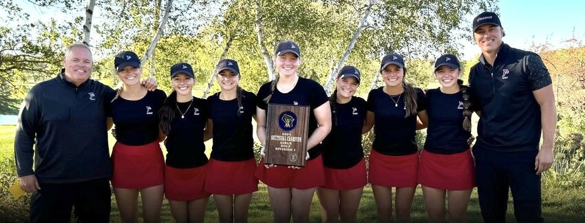 Prescott girls golf is headed to state in search of a fifth straight title after winning the Tomah Sectional. From left: Coach Darren Reiter, Kendra Ogilvie, Lydia Feran, Macy Reiter, Jeanne Rohl, Gabbi Matzek, Layla Salay, Caroline Foy and Head Coach Chad Salay.