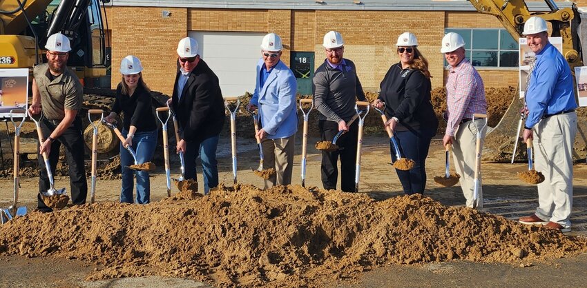 A groundbreaking ceremony celebrated the new Ellsworth High School addition and Ellsworth Middle School renovation Monday, March 10. Pictured are (from left) Director of Safety Andrew Borner, School Board President Julie Lundstrom, School Board Treasurer Michael Petersen, Superintendent Brian Nadeau, Ellsworth Middle School Principal Olin Morrison, EMS Asst. Principal Ashley Boe, Ellsworth High School Asst. Principal Rob Heller, and EHS Principal Oran Nehls.