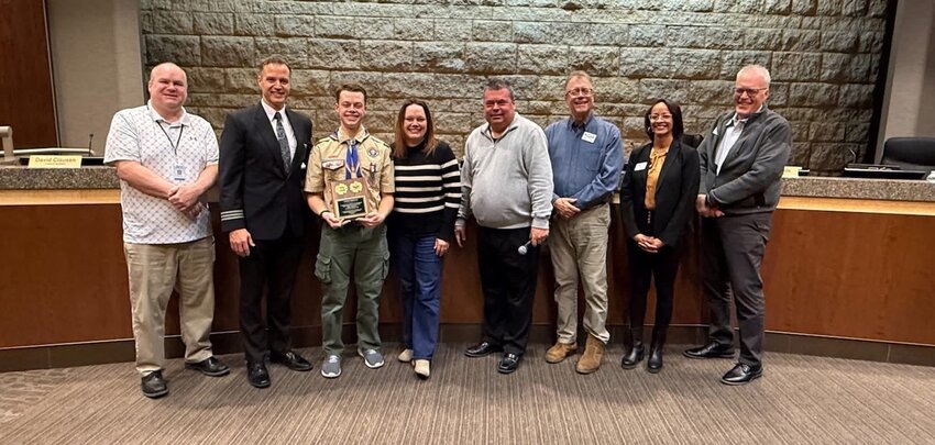 Eagle Scout Owen Behlke was honored for achieving Eagle Scout status. Behlke’s project was to build a tetherball court at Pine Tree Pond Park.