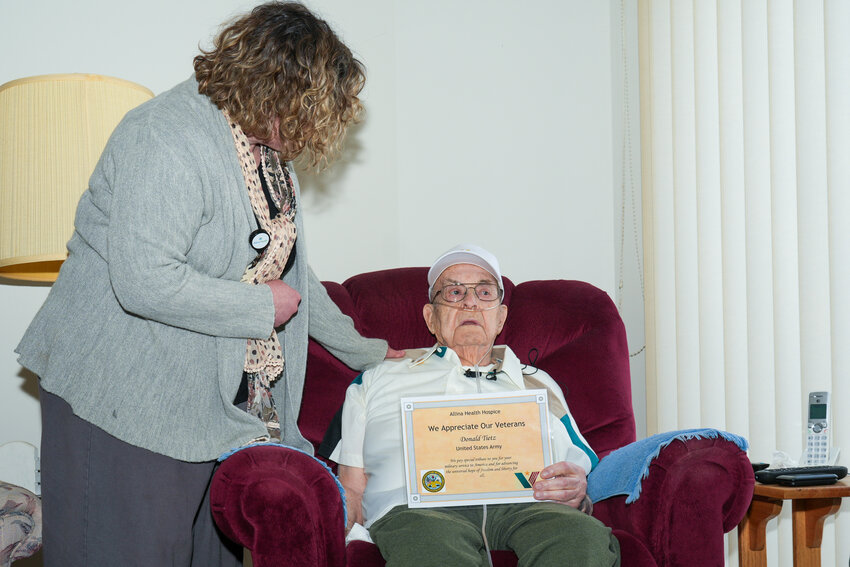 104 year old Veteran Don Tietz was honored by the Allina Health Hospice care team for his service in the military. Tietz was given a pin, a certificate and a blanket.