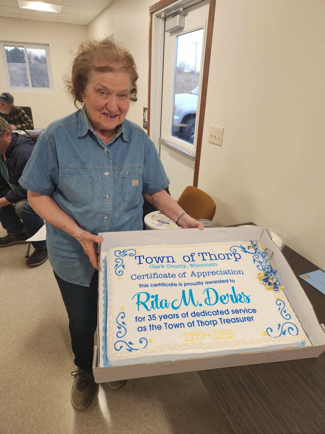 Town of Thorp Treasurer Rita Derks was celebrated at the April 9th meeting for 35 years of service as treasurer for the township. The Township celebrated with ice cream and cake from Sweet Memories Bakery in Thorp.