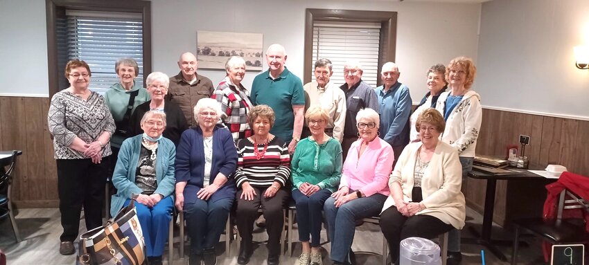 Class of 1960 members attending their 65th Class Reunion on April 17. Shown left to right in front are Carol Shock, Rose Marie Stangret Pearson, Shirley Zais Swim, Colleen Baron Nowobielski, Mary Ann Ryba Sakach, and Diane Herrick Meyer (back row) Alvina Hera Depa, Carole Henkins Licht, Nancy Wald Haas, Ronald Bemmann, Virginia  Gutowski Kodl, David Jankoski, Edward Kyle, Donald Zais, Dennis Sakach, Mary Lou Tryboski Halterman, and Delores Wildenberg Hahn.