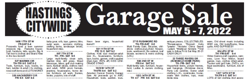 Sample of 2022's garage sale listings in the paper. This is how the ad will look with the type of information needed.