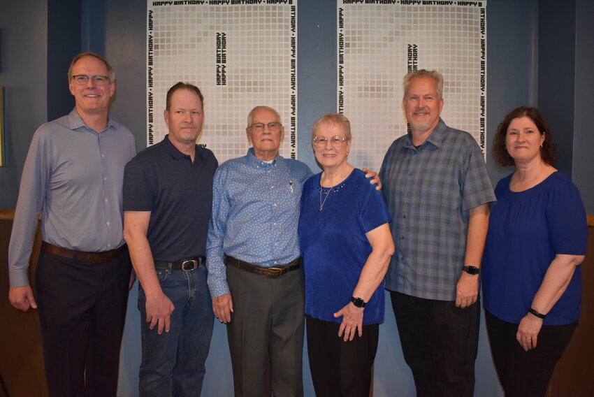 All of Frank’s children along with his wife, Louise, were on hand. Pictured are Dan Olszewski, Justin Olszewski, Frank, Louise, Katrina Olszewski Laube, and Jason Olszewski.