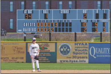 The two on the scoreboard came at the hands of second baseman Evan Nelson. &ldquo;Nelly,&rdquo; as the Raiders refer to Nelson, hit his first varsity homerun as the lone offensive bright spot in the Raiders first loss of the season. Photo by Bruce Karnick