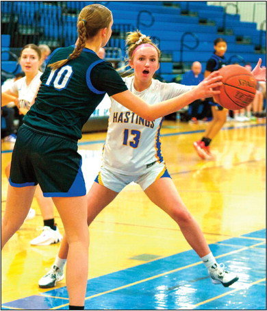 Lindsey Wagner is having a solid impact off the bench for Hastings having contributed a season high 13 points against Northfield and logging rebounds and assists against Tartan. Photo by Bruce Karnick