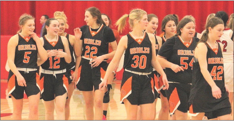 The Oriole girls varsity walks off court following a win at Thorp towards the end of the season last year. While some like Leslie Derks (5) and Lily Hoel (22), and Josie Podolak (54) have since graduated and will not be returning for this year, many others will be, including senior Kayte Licht (12) and junior Emme Felmlee (30) among them. The season started Tuesday against Ladysmith.Photo by Joseph Back.