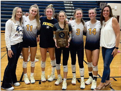 (From left): River Falls volleyball assistant coach Ali Igou, and seniors Becca Randleman, Morgan Kealy, Abi Banitt, Brianna Brathol, Taylor Peterson and head coach Sara Kealy celebrate with the 2022 Division 1 Regional Championship trophy. It&rsquo;s the Wildcats&rsquo; eighth consecutive such title.Photo courtesy of River Falls Volleyball