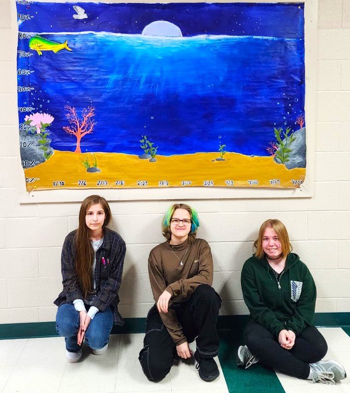 Ellsworth High School freshmen (from left) Emma Eagan, Dakota Moldenhauer and Sarah Farrell have been tasked with creating a mural that will help the building measure its goals of inspiring more students to read and setting and achieving goals.
