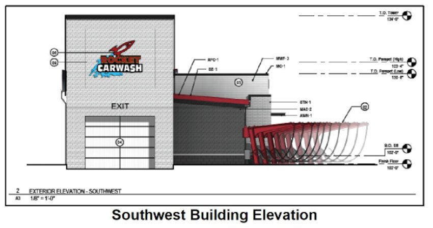 Rocket Carwash has purchased the Big-O-Tire building and will tear down to build a new structure, as shown above in Plan Commission documents.