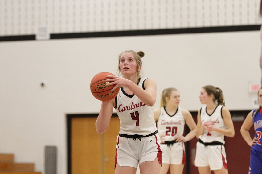 Spring Valley junior guard Mara Ducklow lines up a free throw during a game earlier this season. Head Coach Sean Hoolihan credited Ducklow with helping the Cardinals take a step in the right direction this season.