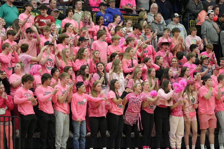 The Prescott Cardinals student section and nearly everyone in attendance on Thursday night wore pink in support of Osceola senior center Carson Hollman, whose mother passed away from cancer just days before the sectional semifinal.