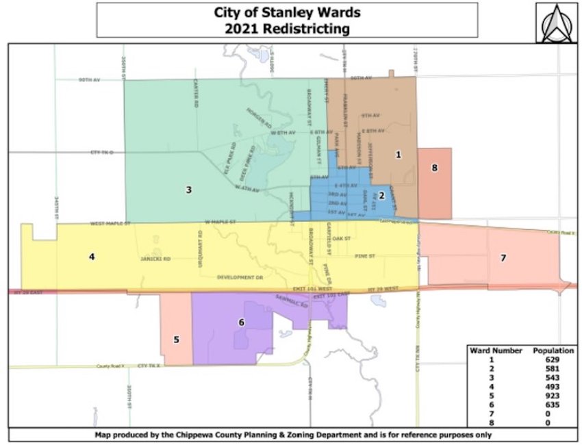 The ward map of Stanley following redistricting after the 2020 federal census.