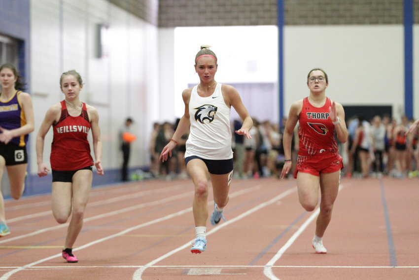 River Falls senior Brooklyn Silloway wins her heat of the 55-meter dash during a meet at UW-Stout earlier this season.