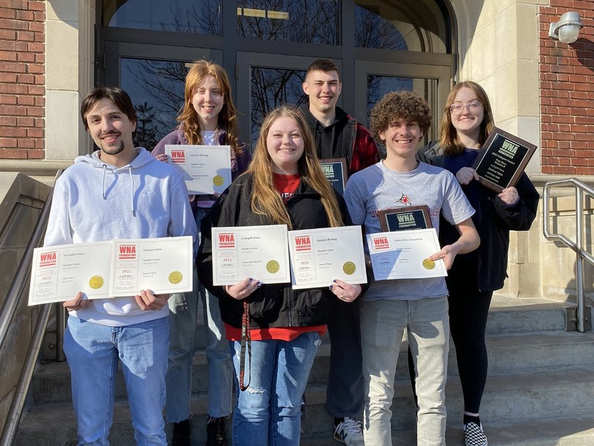 Staff members of the UWRF Student Voice newspaper recently earned nine awards at the annual Better Collegiate Newspaper Contest. Back row, left to right: Natalie Riddle, Joshua Brauer, and Anna Gunderson. Front row, left to right: Jack Van Hoof, Lexi Janzer, and Ethan Lay.