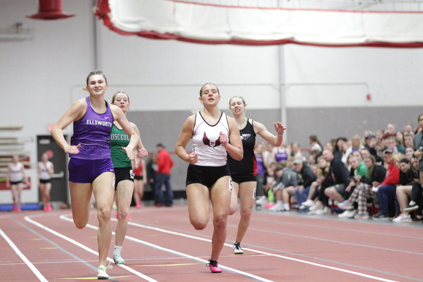 Ellsworth junior Kayla Kressin and Prescott senior Katrina Budworth race to the finish line of the 400-meter dash at the UWRF Invitational on Tuesday, April 4. Kressin took first and Budworth finished third.
