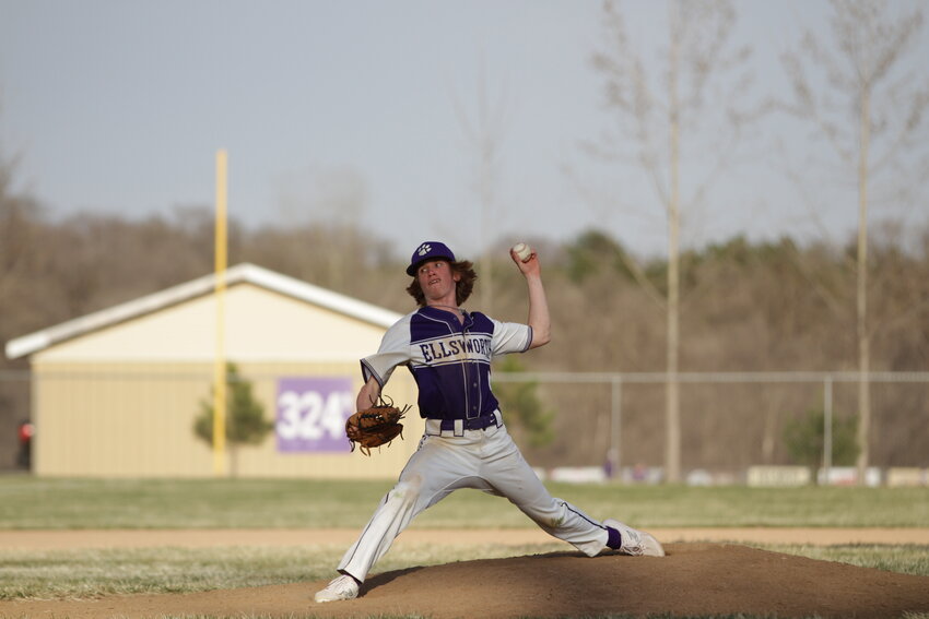 Ellsworth&rsquo;s Landan Lampman delivers a pitch during his relief appearance at home against Spooner on Friday, April 14.