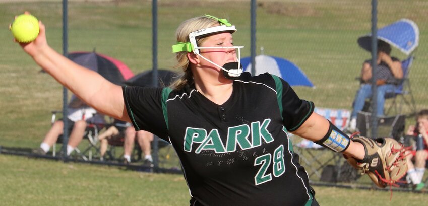 Park pitcher Stella Fritsche fires away in the closing innings of the Woodbury game.