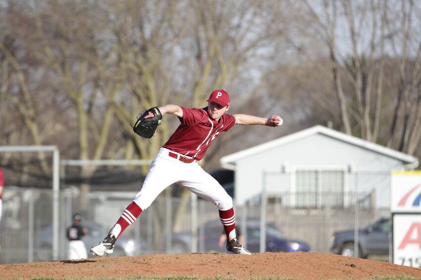 Junior Cullen Huppert of the Prescott baseball team pitches in the sixth and final inning of his start in the season opener at home against Somerset on Tuesday, April 11. In his six innings of work, Huppert allowed just two hits and one earned run in the Cardinals&rsquo; 8-2 victory.