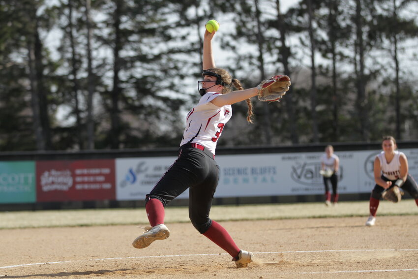 Prescott All-State senior ace pitcher Taylor Graf delivers a strike during the Cardinals&rsquo; 6-1 victory at home against Somerset in the Middle Border Conference opener on Tuesday, April 11.