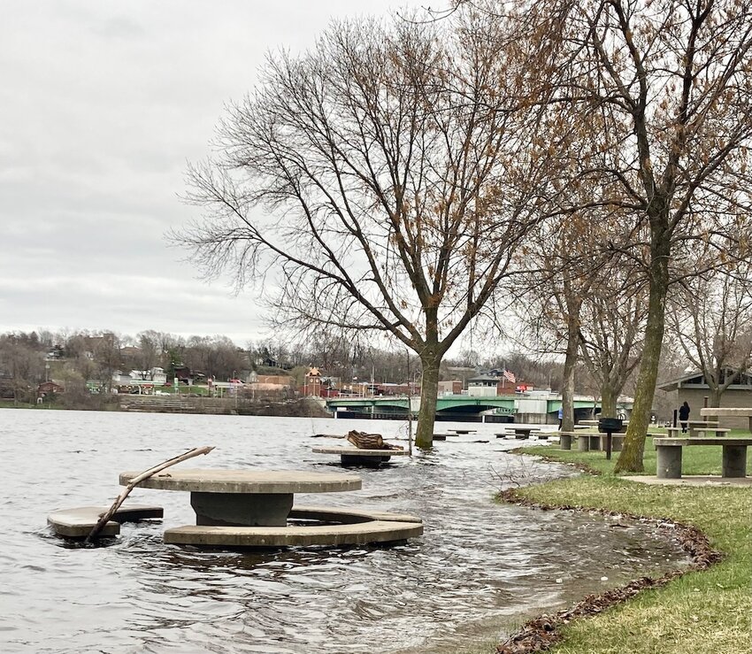 The benches and tables at Point Douglas Park off Prescott were underwater Saturday as the St. Croix registered major flood stage at Stillwater.
