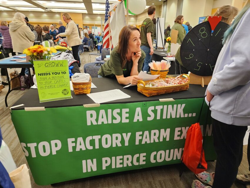 Town of Salem resident Samantha Bowen staffed a booth at Earth Fest for GROWW Action Saturday, April 22 at the UW-River Falls University Center. The group was gathering signatures on a petition to stop the expansion of Concentrated Animal Feeding Operations (CAFOs) in Pierce County, such as a potential 5,000 cow operation in the town of Salem.