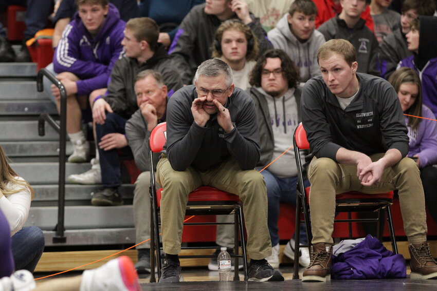 Ellsworth wrestling head coach Mark Matzek shouts instructions to one of his wrestlers competing at the WIAA Division 2 sectional tournament at the Amery High School on Saturday, Feb. 18.