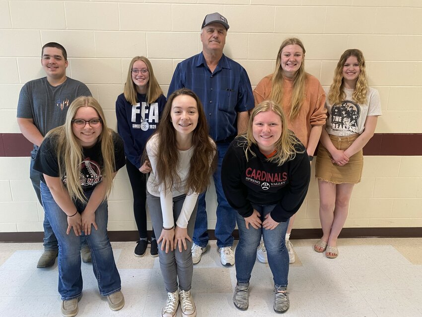 Spring Valley FFA was awarded a $5,000 Bayer Fund America&rsquo;s Farmers Grow Communities grant thanks to farmer Tony Shafer. Pictured are (back, from left): Ty Mader, Mattie Wilk, Tony Shafer, Maddie Shafer, Trista Falde (front, from left): Kaylee Eschenbach, Tatum Timm, Megan Wentlandt