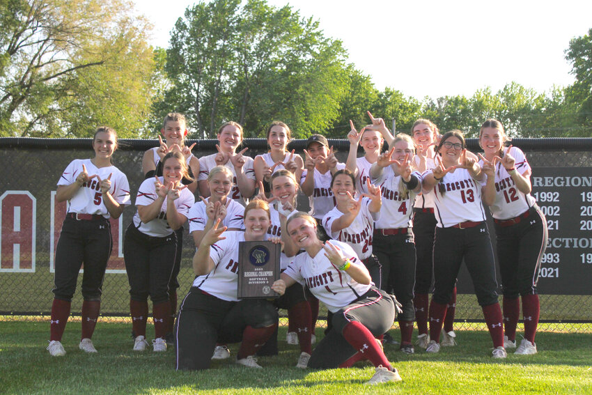 The Prescott High School softball team holds up W&rsquo;s after clinching a fifth consecutive Division 3 regional championship with an 8-1 victory at home against Elk Mound on Thursday, May 25.