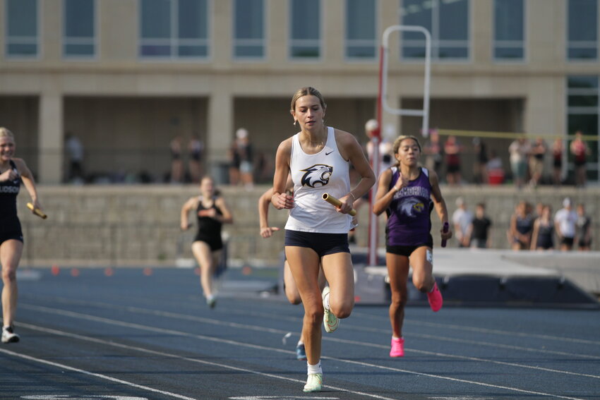 River Falls senior Rebecca Randleman finishes the final leg of the girls&rsquo; 4x100-meter relay at the WIAA Division 1 regional meet in Hudson on Monday, May 22. Randleman later qualified for the state championships in the 100-meter dash and as a part of the 4x200-meter relay.