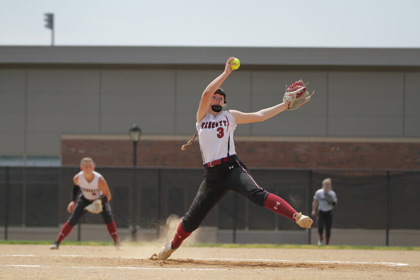 Prescott senior ace pitcher Taylor Graf delivers a strike during the final game of her high school career against the Somerset Spartans in the Division 3 sectional final in River Falls on Friday, June 2.