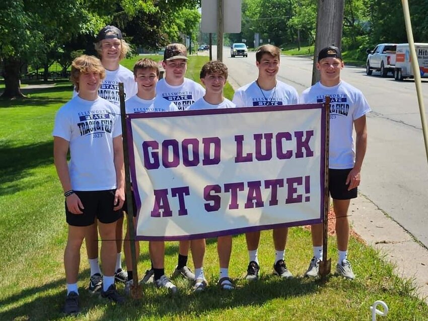 The Ellsworth state track and field qualifiers pose with a well wishes sign before leaving for the state championships in La Crosse. This year&rsquo;s state qualifiers include sophomores Michael Holst and Levi Nelson, juniors Jake McCabe, Kehan O&rsquo;Neil, Logan Mueller and Parker Woodland, and senior Bo Hines.