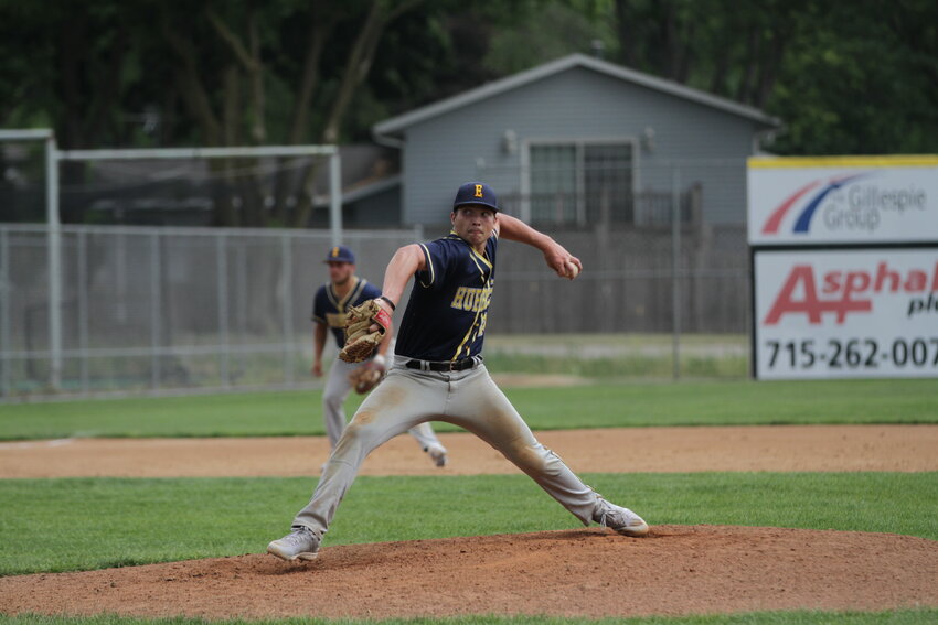 Ellsworth Hubbers rookie Jaden Schwantz delivers a strike during his three-inning outing against the Prescott Pirates on Saturday, June 10. Jaden and his brother, Jaren Schwantz, have brought much-needed pitching depth to Ellsworth&rsquo;s roster this year.