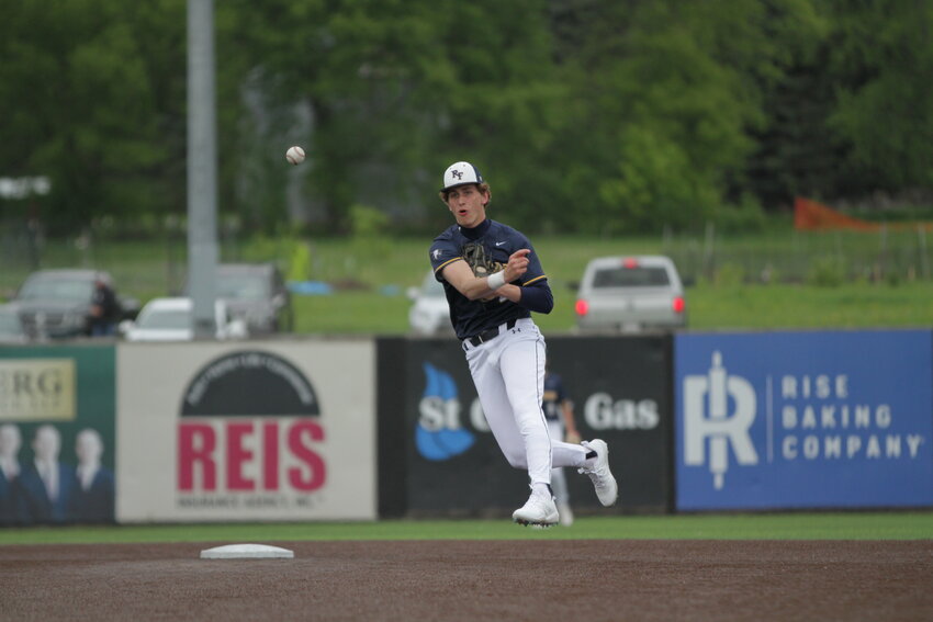 River Falls senior Teddy Norman throws the ball on a frozen rope across the infield to retire one of Altoona&rsquo;s batters on Friday, May 19. Norman is one of two River Falls players who received First-Team All-Conference honors this season, joining senior pitcher Keenan Mork.