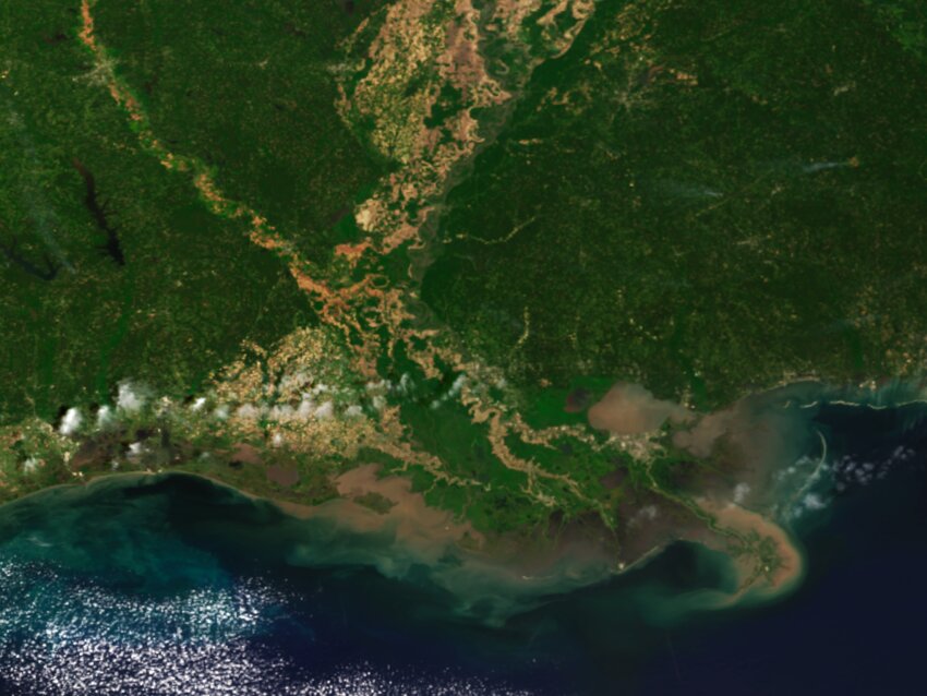 The Gulf of Mexico's hypoxic &quot;dead zone&quot; at the end of the Mississippi River is seen by satellite south of Louisiana in 2017.