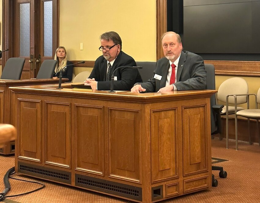 Steve Kelm, left, chair of the UW-River Falls Animal and Food Science Department, and Michael Orth, dean of the university&rsquo;s College of Agriculture, Food and Environmental Sciences, testified in support of funding for the Farm and Industry Short Course program to be housed at UW-River Falls during a committee hearing Thursday at the state Capitol.