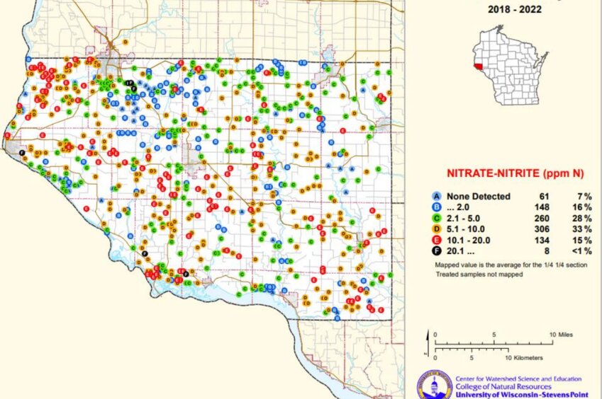 This map shows the nitrate levels in wells tested from 2018-2022 in Pierce County by UW-Stevens Point&rsquo;s Center for Watershed Science and Education. The testing was voluntary and encouraged by Pierce County Land Conservation.