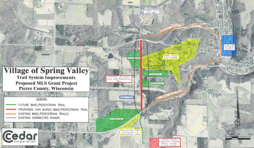 This map shows the Village of Spring Valley&rsquo;s proposed trail along Van Buren Road, which would connect trails along Highway 29 and Mines Creek.