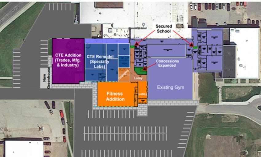 The Ellsworth High School addition would provide a fitness center and classroom and expanded tech ed/career areas. A small number of parking spaces would be lost south of the school, but more added to the west.