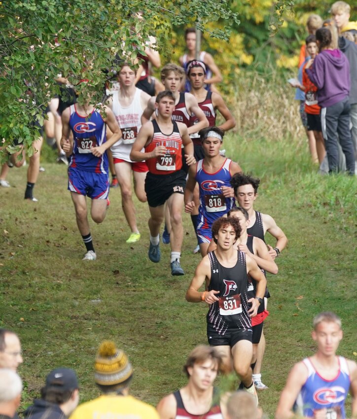 Boys cross country runs through the new wooded portion of Spring Valley's 5k course on Thursday.