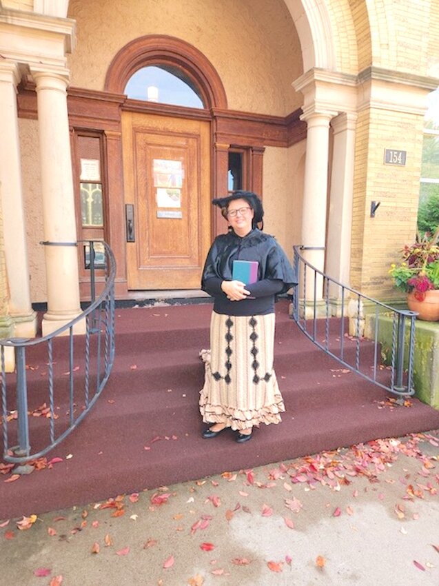 Above, Becky Isenberger as Sally Moon, Delos Moon's wife, introduced event goers to the history of our library. She stated, &quot;As you can see, our trust was well kept int he citizenry of this wonderful community and 122 years later, it is still as beautiful as the day it was dedicated.&quot;