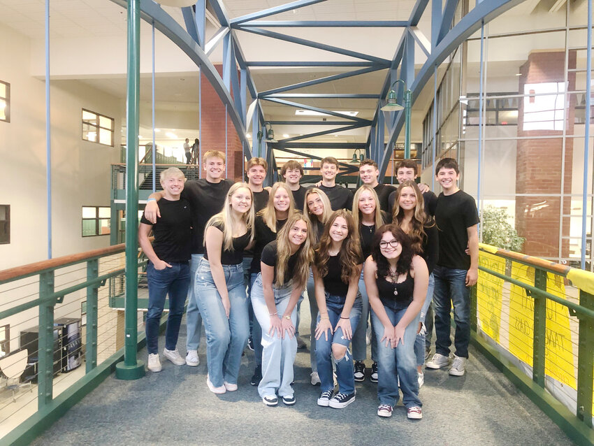 The 2023 Hastings High School Homecoming Court! Back row L to R: Blake Vandehoef, Kellen Nuytten, John Teigland, James Millhollin, Thomas McGinnis, Charlie Vier, Benjamin Thome and Caden Miller. Middle row L to R: Sophia Anderson, Riley Mancl, Nicole McGraw, Lauren Jenkins, and Gabriella Bushinski. Front row L to R: Ava Hale, Haylei Regenscheid and Riley Mills.&nbsp;