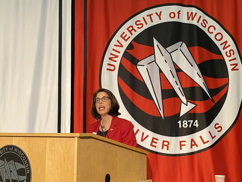 UW-River Falls Chancellor Maria Gallo presents to the UW System Board of Regents Thursday, Oct. 5 in the University Center as UWRF hosted their October meeting. Gallo told Regents UW-River Falls is poised to lead a future that combines student learning and building the regional and state economy.