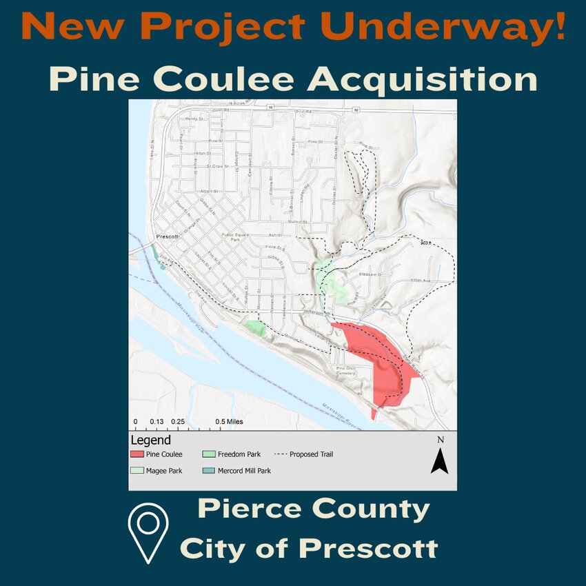 This map shows the location of Pine Coulee, a 76-acre parcel of land near the Mississippi River that Coulee River Trails and Landmark Conservancy are working on purchasing for preservation goals.