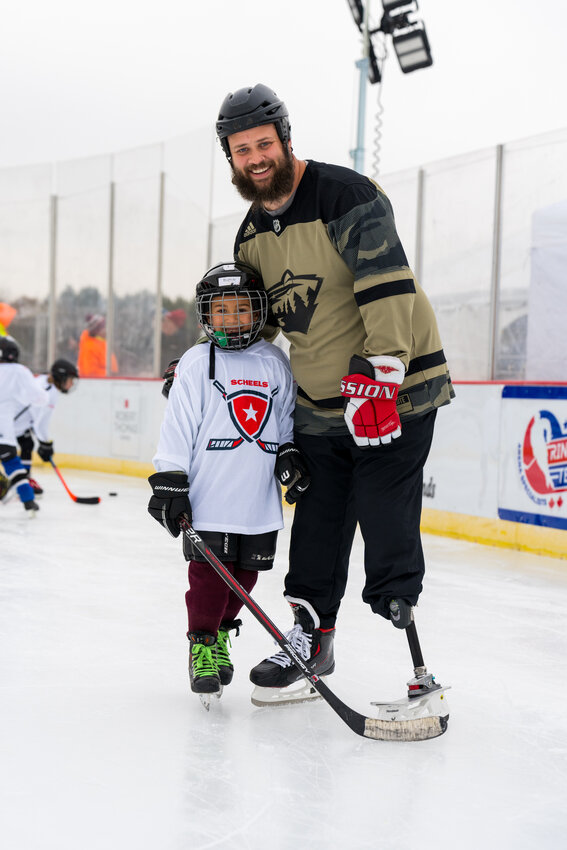Erik Mossberg lost part of his leg in active duty. He had never skated with his son Ragnar until Saturday at United Heroes League. A team of people worked for over a year to build him a custom prosthetic with a Bauer skate so that he could surprise his son on Veterans Day.