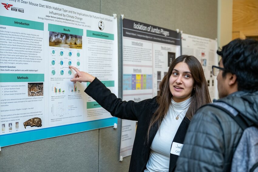 UW-River Falls student Jadyn Nelson discusses her research project during the Undergraduate Research, Scholarly and Creative Activity (URSCA) Fall Gala event last year. This year&rsquo;s event is scheduled for Tuesday, Dec. 5.
