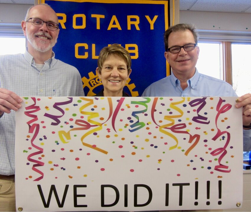 Pictured celebrating a successful diaper/baby wipe driver are Pastor Steve Dow, Ezekiel Lutheran Church; Linda Yde, River Falls Rotary Club president; and Steve McCarthy, executive director of the St. Croix Valley United Way.